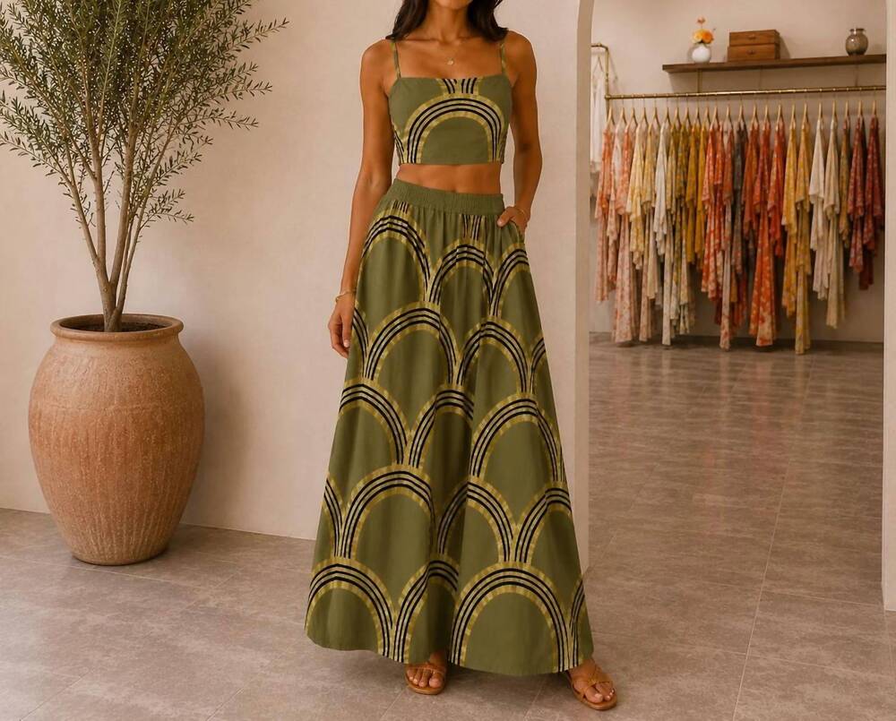 NEW MYSTERY RESORT golden horizon maxi skirt set in green
